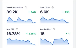 A search performance snapshot showing total clicks, impressions, and CTR growth for an organic search campaign in the USA and Canada.