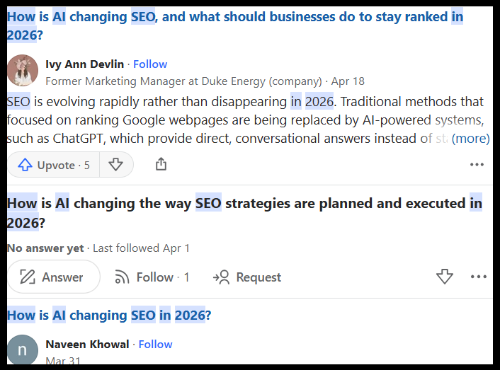 A screenshot of a Quora answer from a verified marketing expert discussing the shift from traditional SEO to AI-powered systems in 2026.