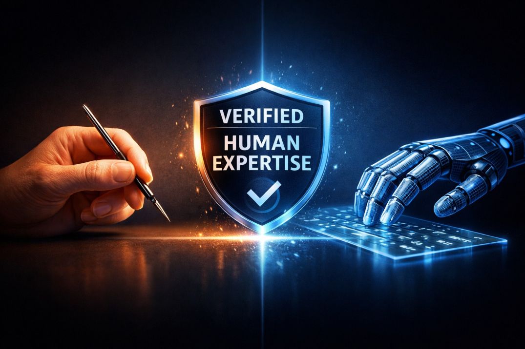 A 3D graphic of a human hand and a robotic hand separated by a glowing shield labeled Verified Human Expertise.