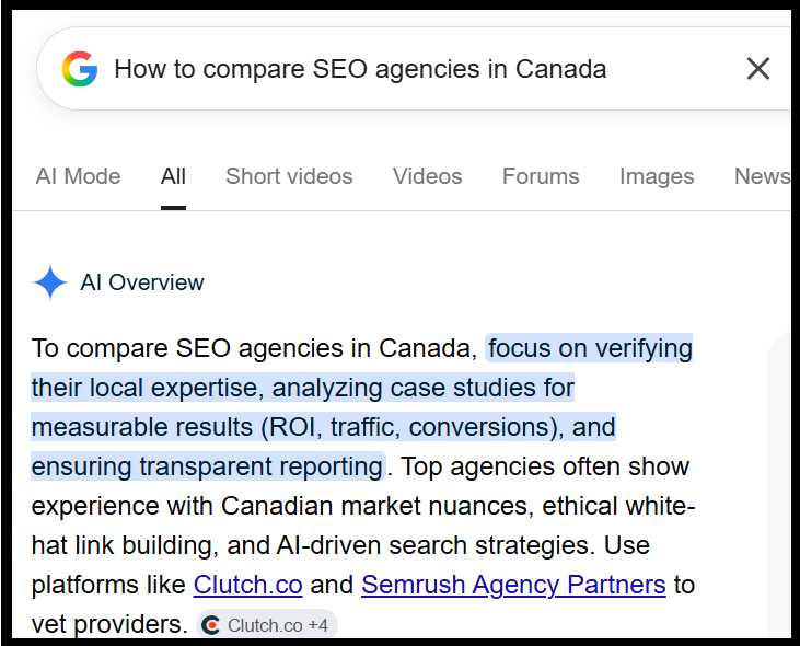 A high-resolution desktop screenshot of a Google AI Overview answering how to compare SEO agencies, showing the AI box dominating the top of the search results.