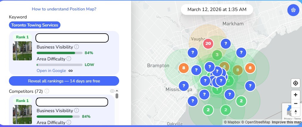 Local SEO map rankings for Toronto Towing Services showing Rank 1 dominance.