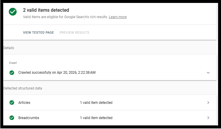 A screenshot of the Google Rich Results Test tool showing 2 valid items: Articles and Breadcrumbs schema detected for a website.