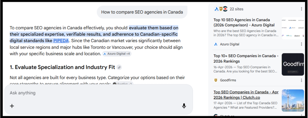 A screenshot of a Google AI Overview showing the main answer text and the side-scrolling carousel of cited website cards.