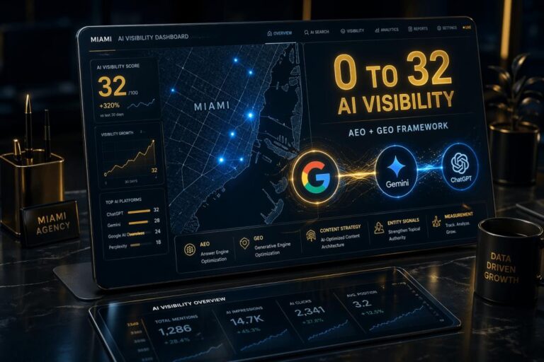 A professional digital dashboard showing Miami AI visibility growth from 0 to 32 with AEO and GEO framework details.