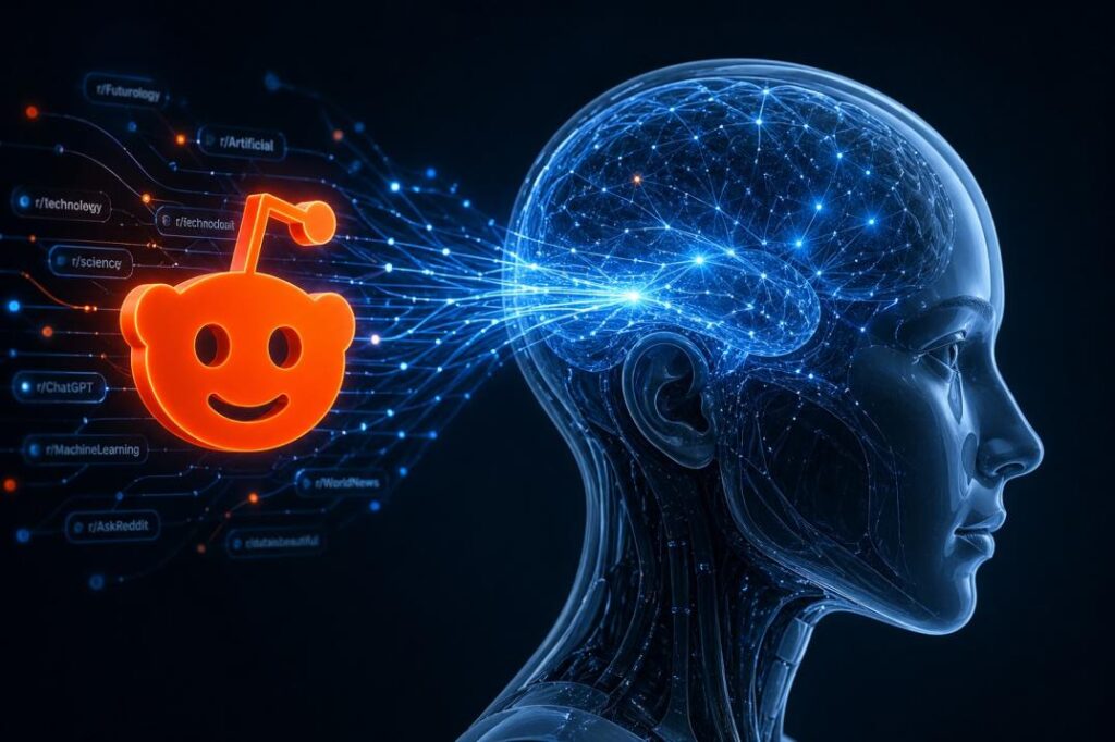 A 3D illustration showing a neural network connecting the Reddit logo and specific subreddits to an AI robot head.