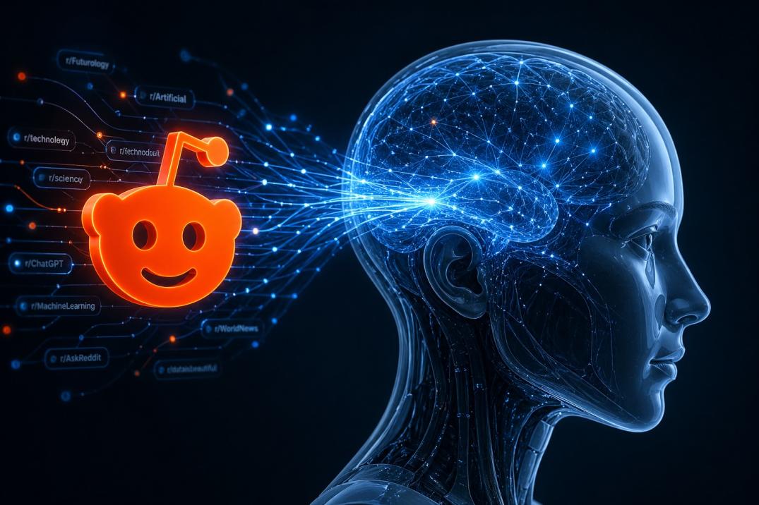 A 3D illustration showing a neural network connecting the Reddit logo and specific subreddits to an AI robot head.
