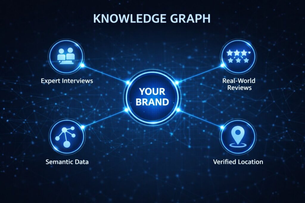 A 3D technical infographic of a knowledge graph showing a central brand node connected to expert interviews, verified locations, and semantic data points.