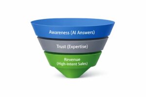 A professional 3D funnel diagram showing three layers: Awareness (AI Answers), Trust (Expertise), and Revenue (High-Intent Sales).