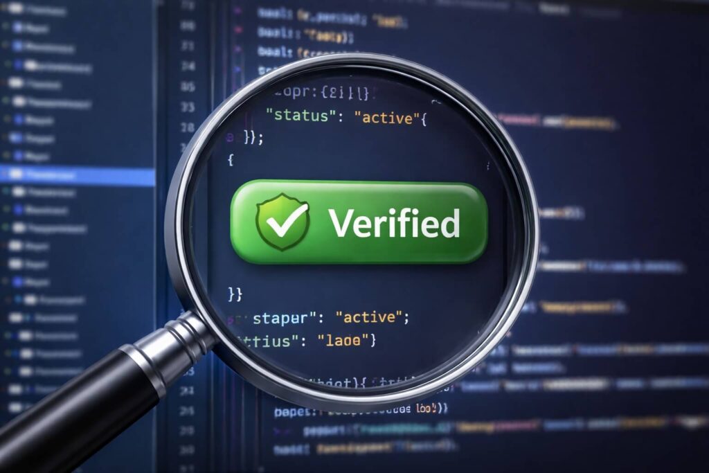A high-resolution close-up of a magnifying glass over a computer screen showing lines of technical code and a "Verified Expert" badge.