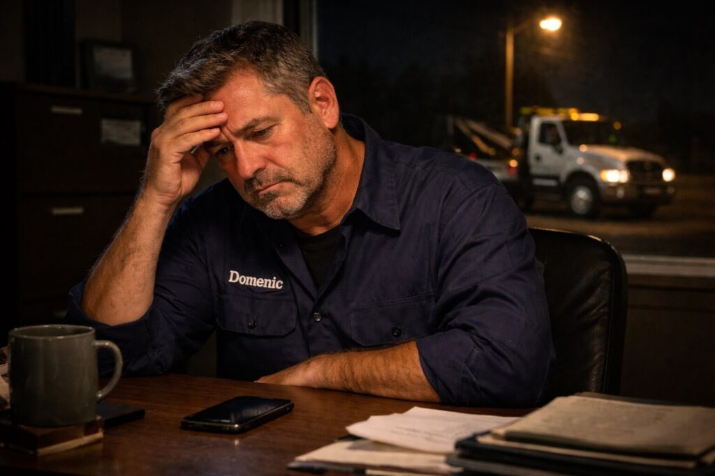 A cinematic photo of a worried business owner named Domenic in a dark office, looking at a silent smartphone with a tow truck visible through the window.