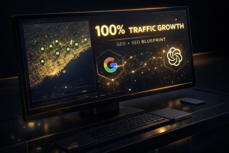 A high-end agency dashboard showing a map of Toronto with Rank 1 pins and text reading 100% Traffic Growth GEO + SEO Blueprint.