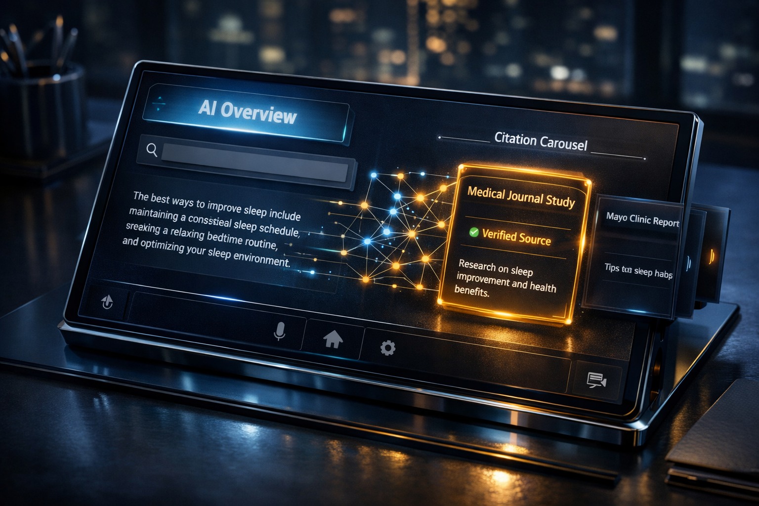 A futuristic digital tablet showing a Google AI Overview with a glowing 'Verified Source' citation highlighted in the carousel.