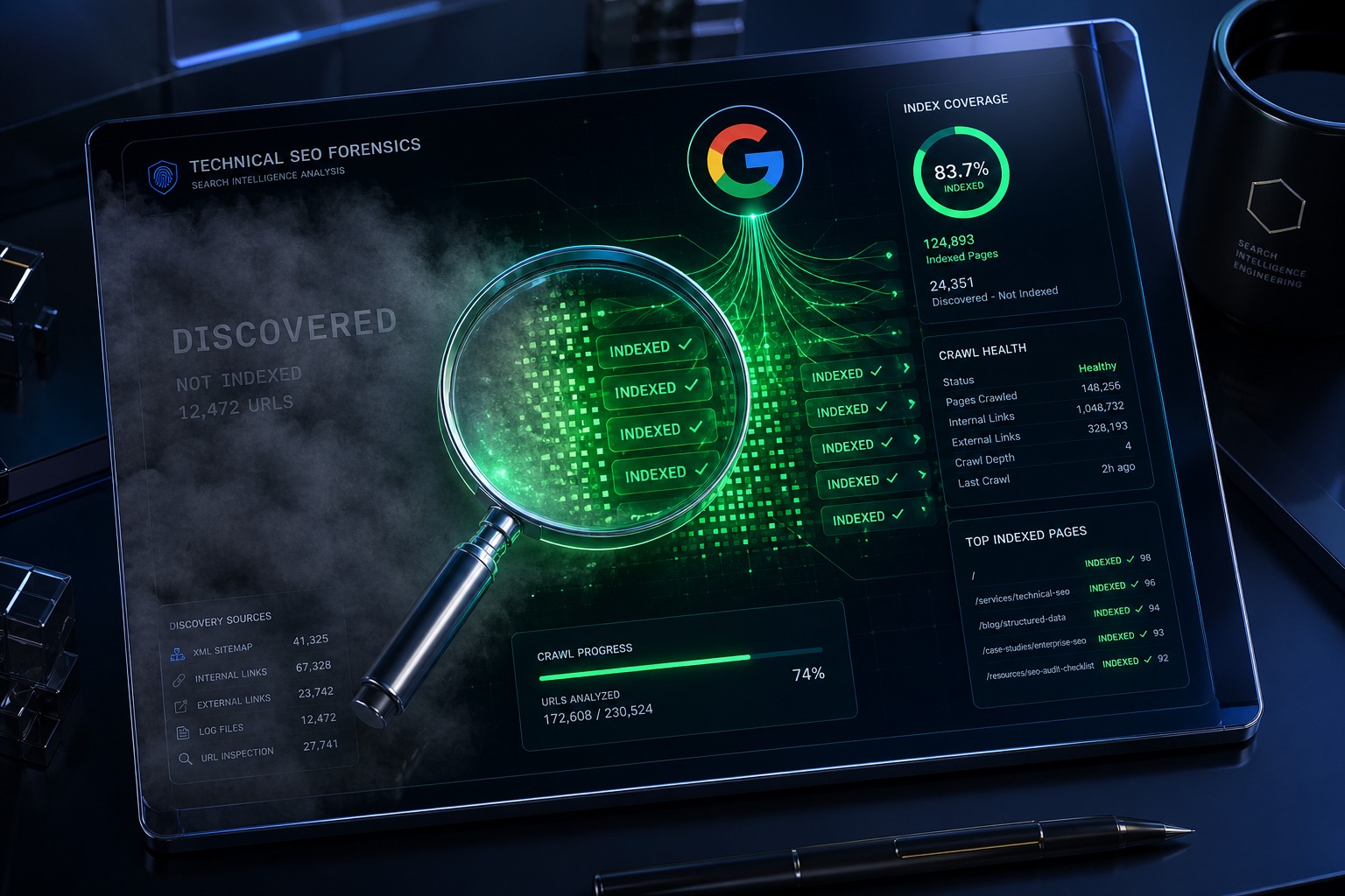 A 3D technical dashboard showing an engineering audit using a magnifying glass to fix Google Search Console discovered currently not indexed errors.