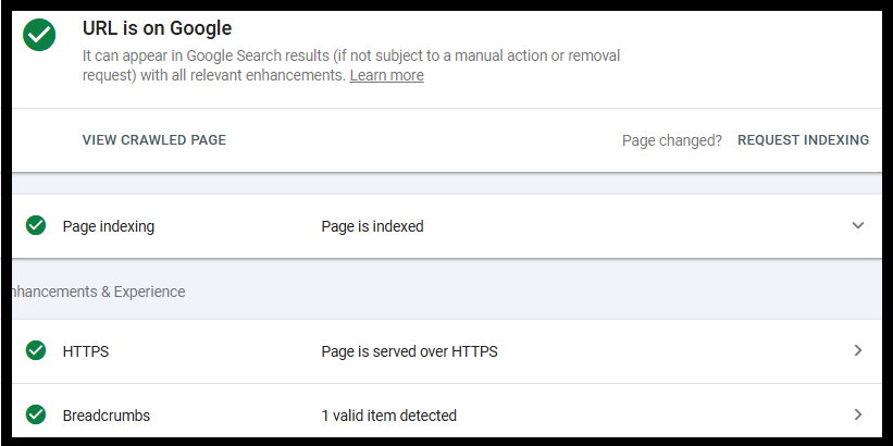A screenshot of the Google Search Console URL Inspection tool showing a green checkmark and the status 'URL is on Google.'