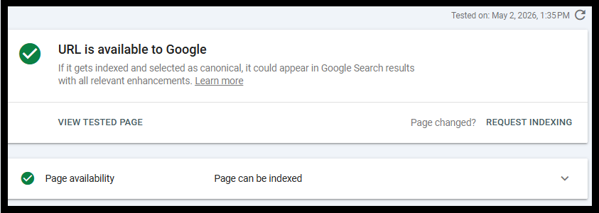 A screenshot of the Google Search Console URL Inspection tool showing a green checkmark and the status 'URL is on Google.'