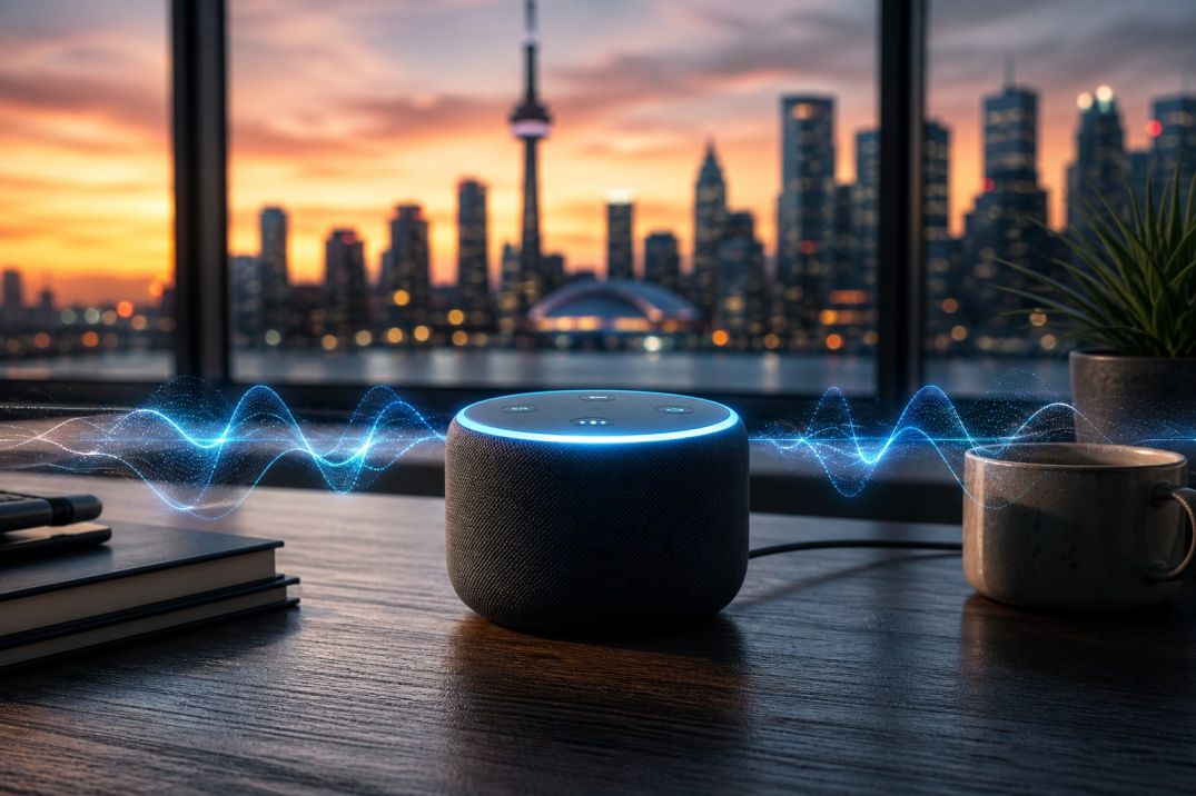 A modern smart speaker in a professional office representing the high adoption of voice search in the USA and Canada.