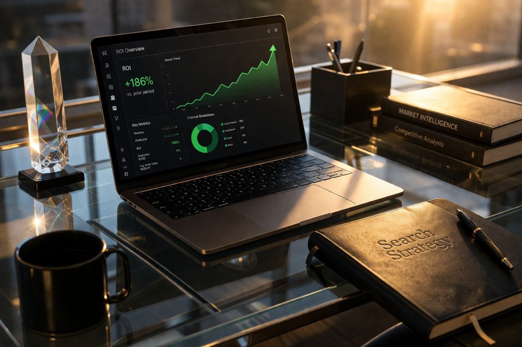 A technical workspace showing a search performance dashboard representing the ROI of Answer Engine Optimization.