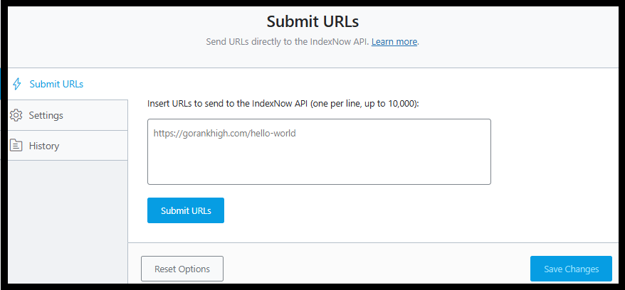 A screenshot of the Rank Math WordPress plugin showing the Instant Indexing API settings and a successful submission log.