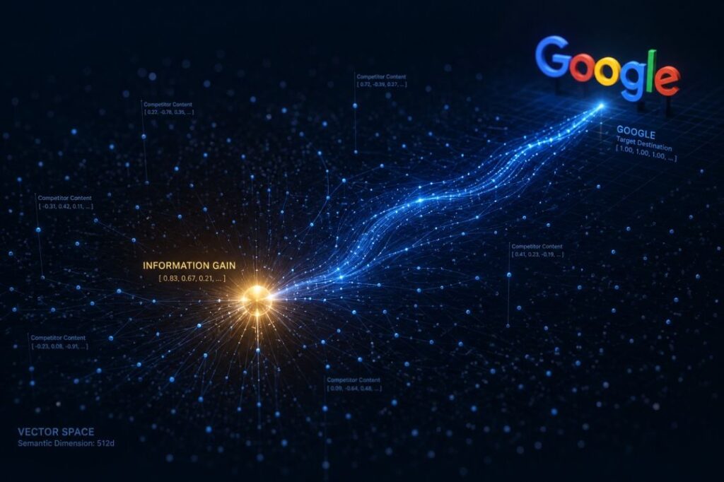 A technical 3D graphic showing a golden 'Information Gain' node standing out from dim competitor data points.